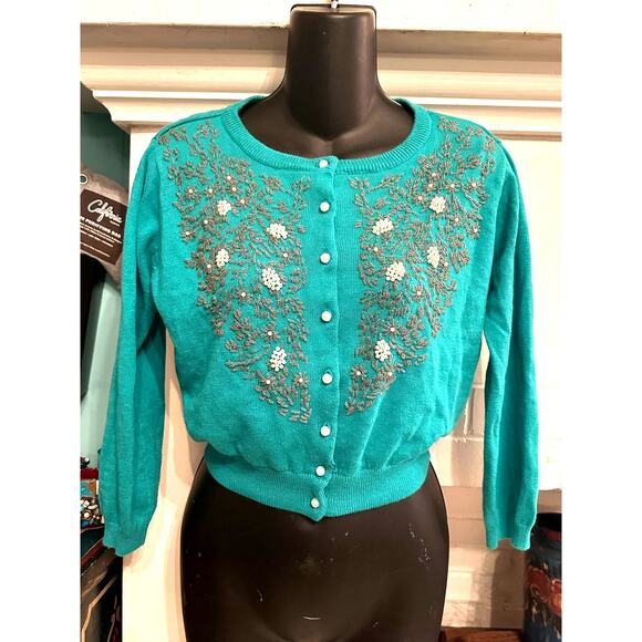 NEW VINTAGE 50's 60's STYLE RETRO TURQUOISE BEADED CARDIGAN SWEATER S/M - Picture 1 of 7